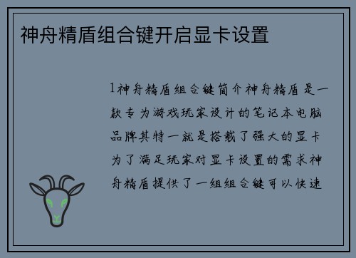 神舟精盾组合键开启显卡设置