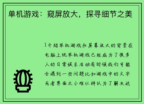 单机游戏：窥屏放大，探寻细节之美