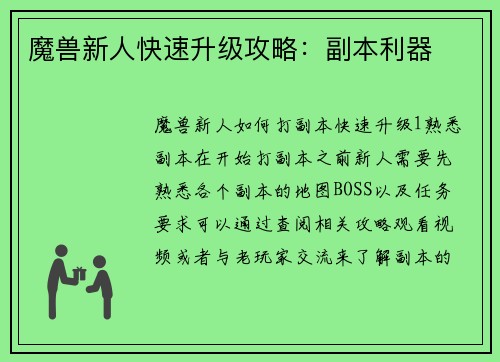 魔兽新人快速升级攻略：副本利器